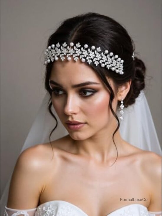 Leaf CZ Pearl Bridal Headband Tiara Wedding Hair Piece Bride main image 7